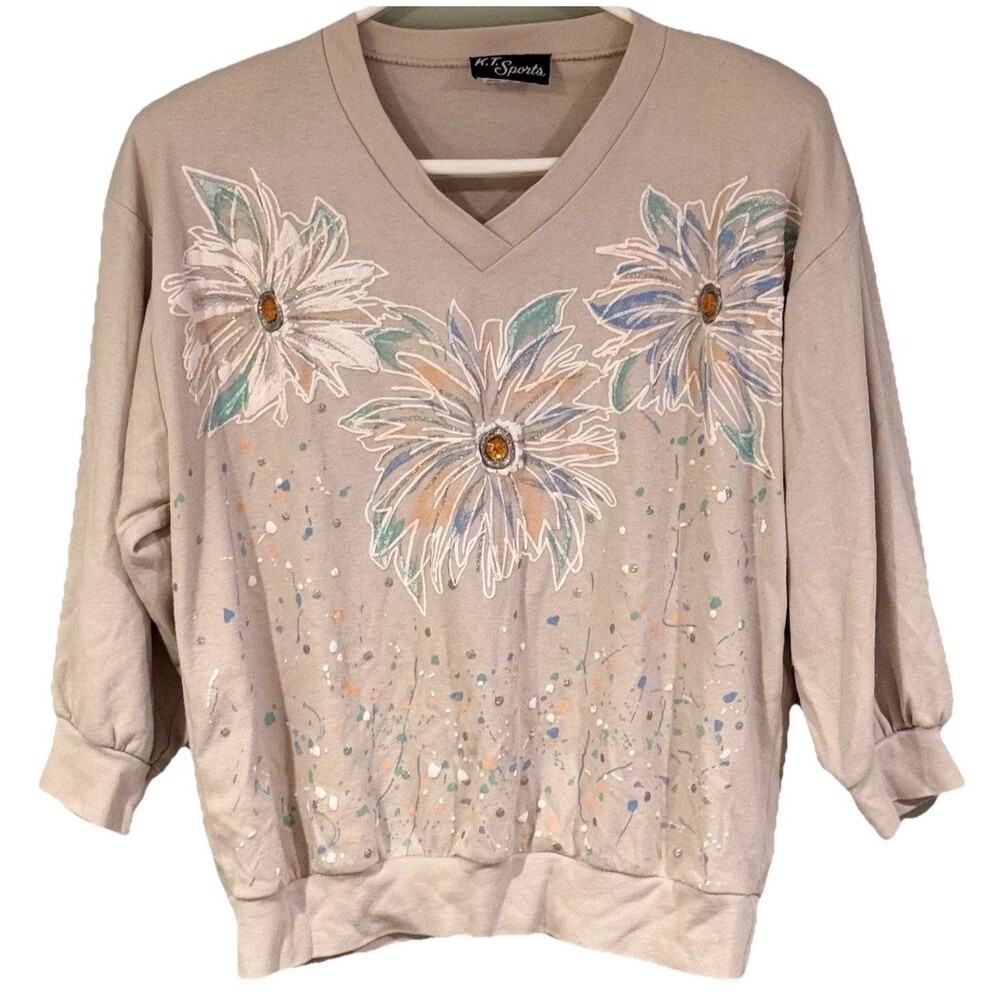 Vintage KT Sports Women’s M Blouse Top Made In USA Floral Grandma Shoulder Pads